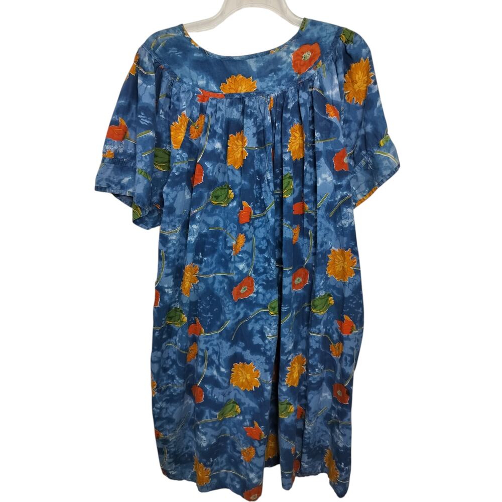 5410) Vintage Phases 2X Blue Tie Dye Floral MuuMuu Cotton House Dress